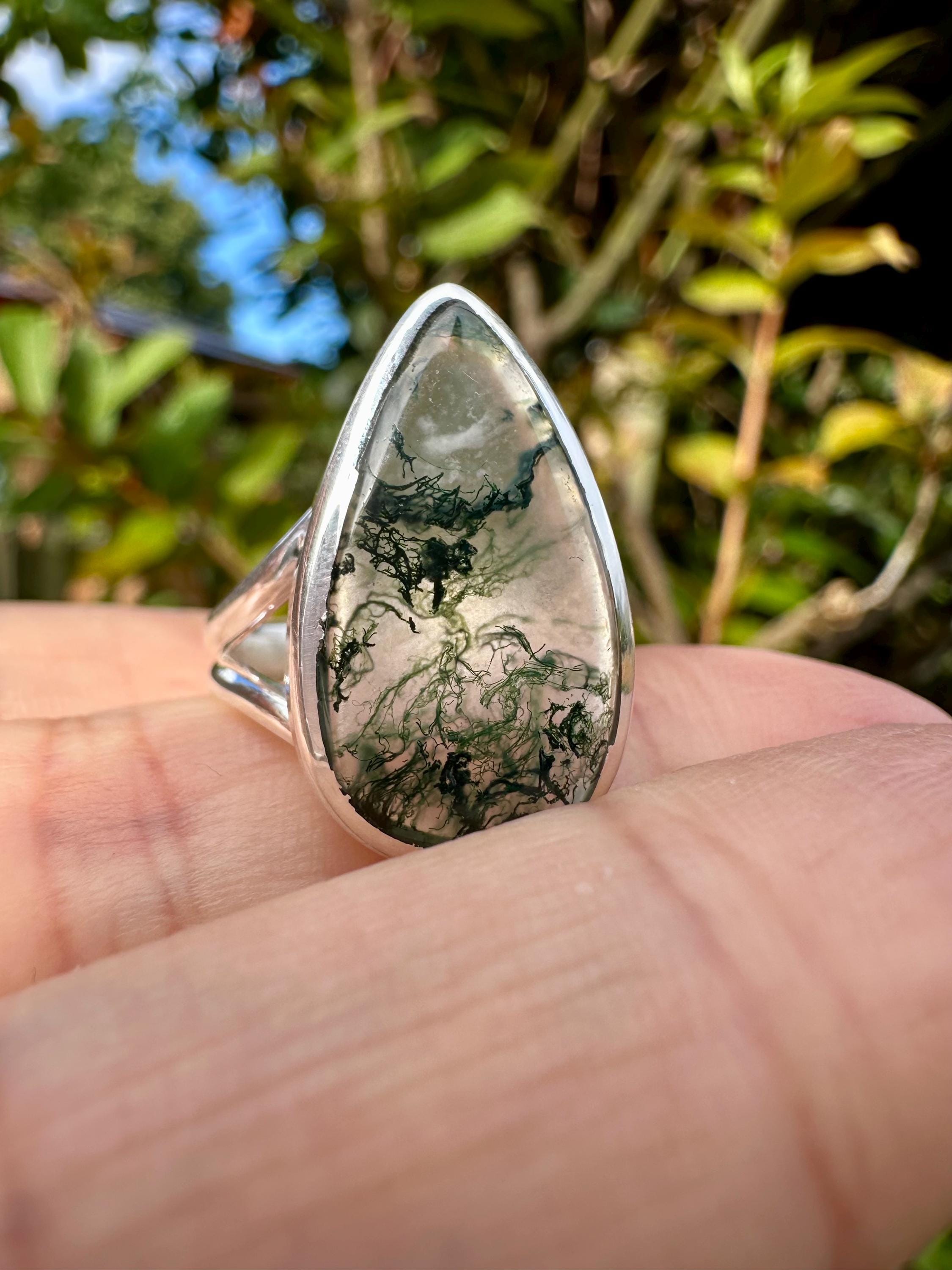 Moss Agate Ring: Teardrop Sterling Silver, Handmade UK - Size 8