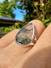 Moss Agate Ring: Teardrop Sterling Silver, Handmade UK - Size 8