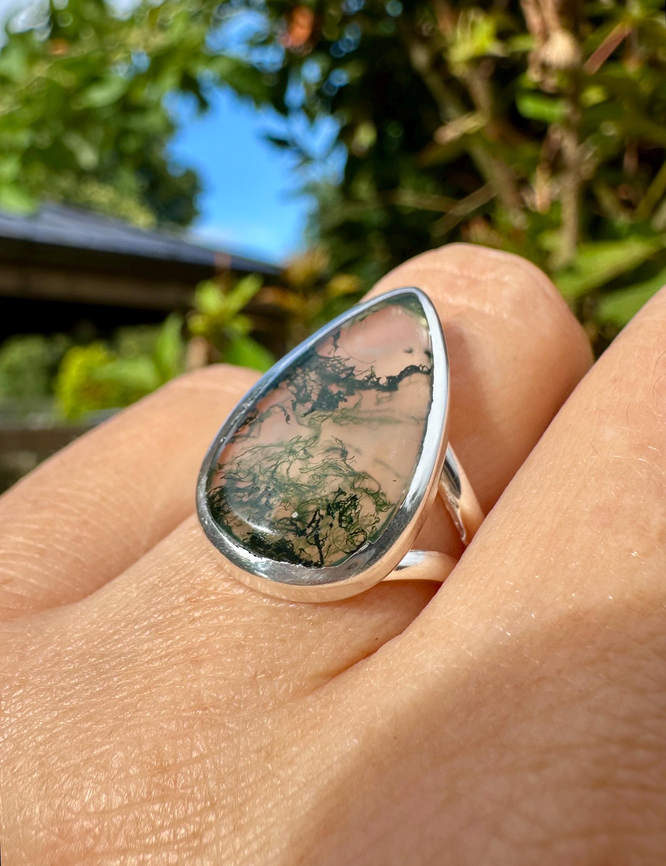 Moss Agate Ring: Teardrop Sterling Silver, Handmade UK - Size 8