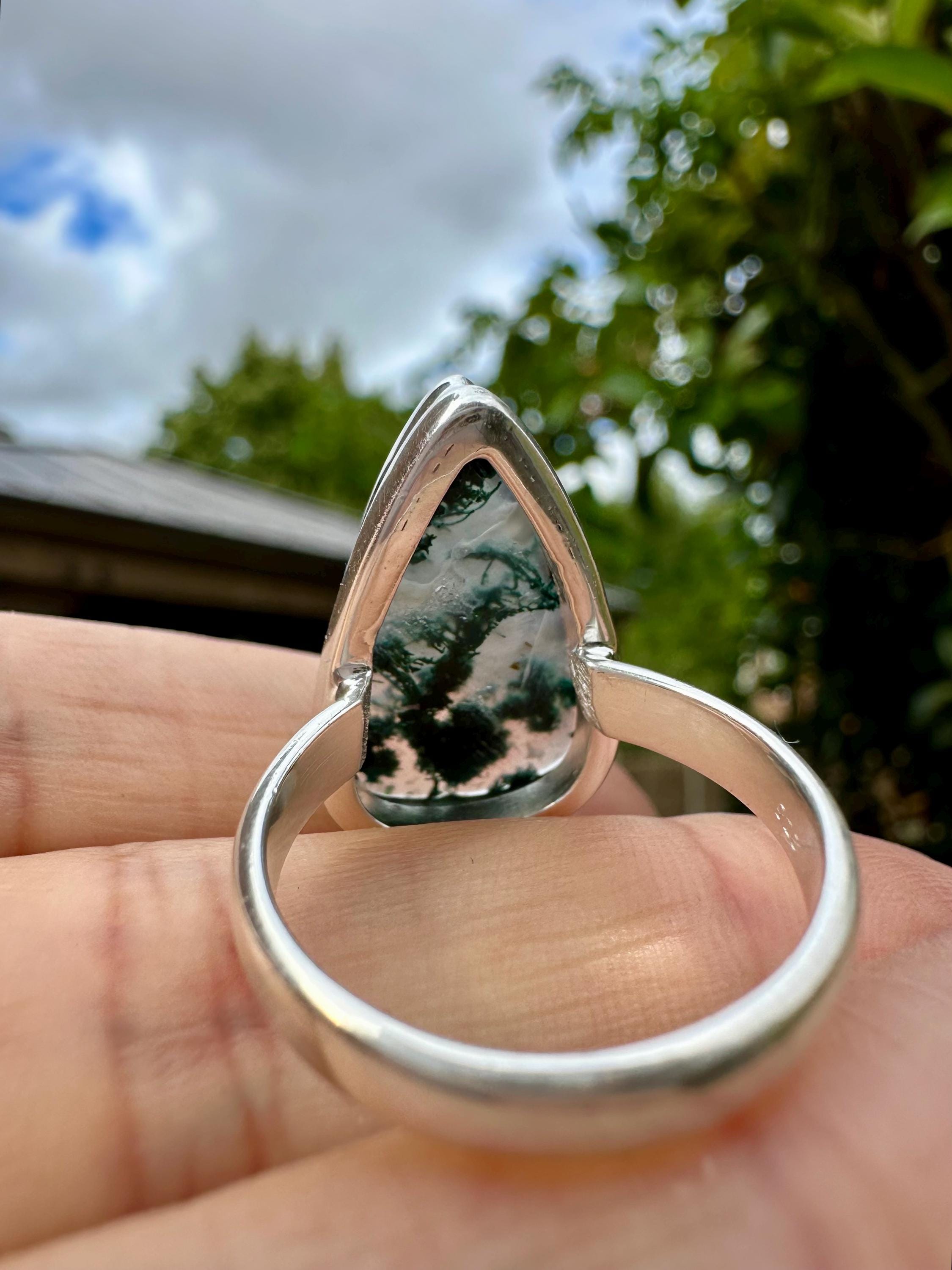 Moss Agate Sterling Silver Ring: Handmade Green Gemstone, UK Size R 1/2 / US 9