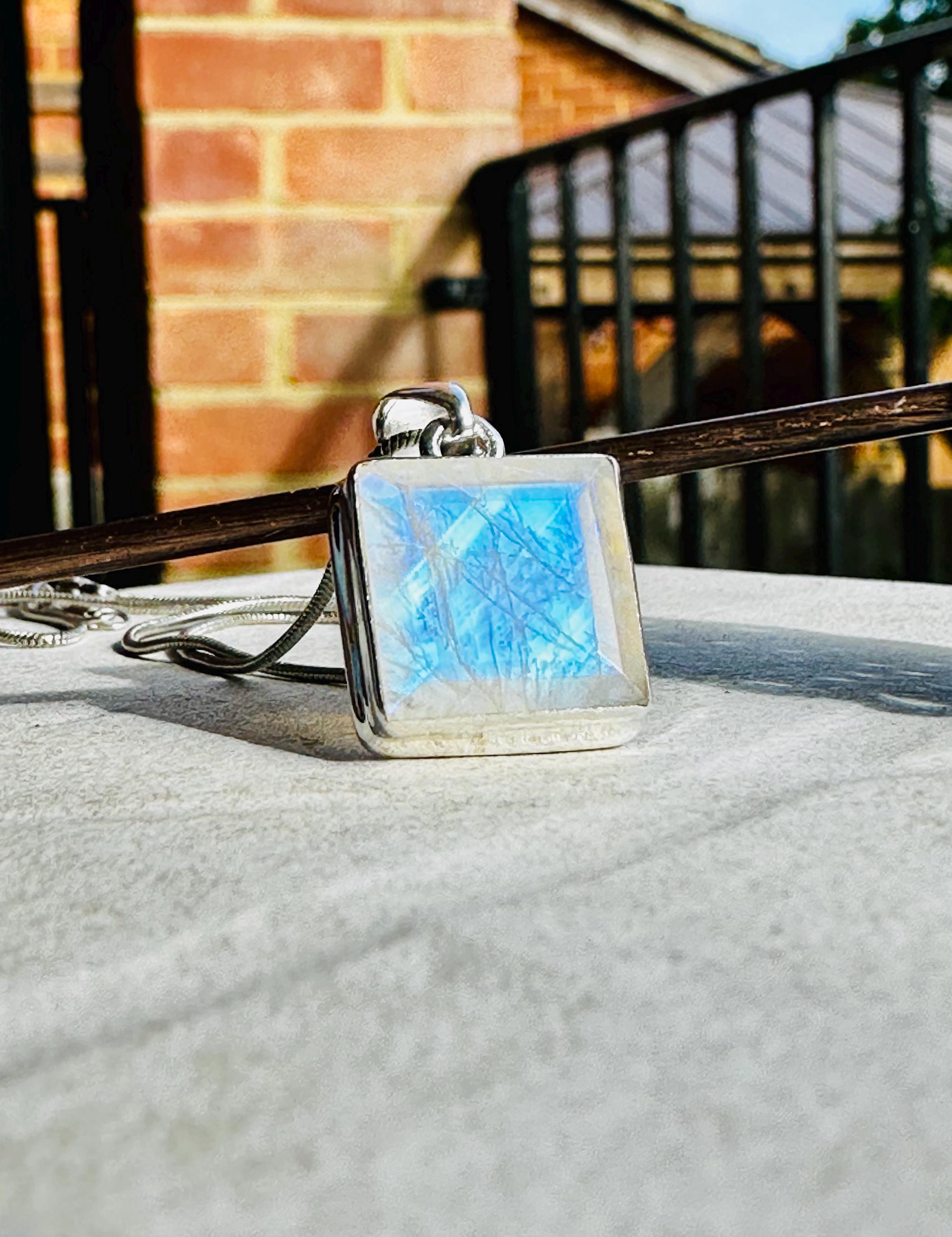 Faceted Blue Fire Moonstone Pendant: Sterling Silver, Handmade UK