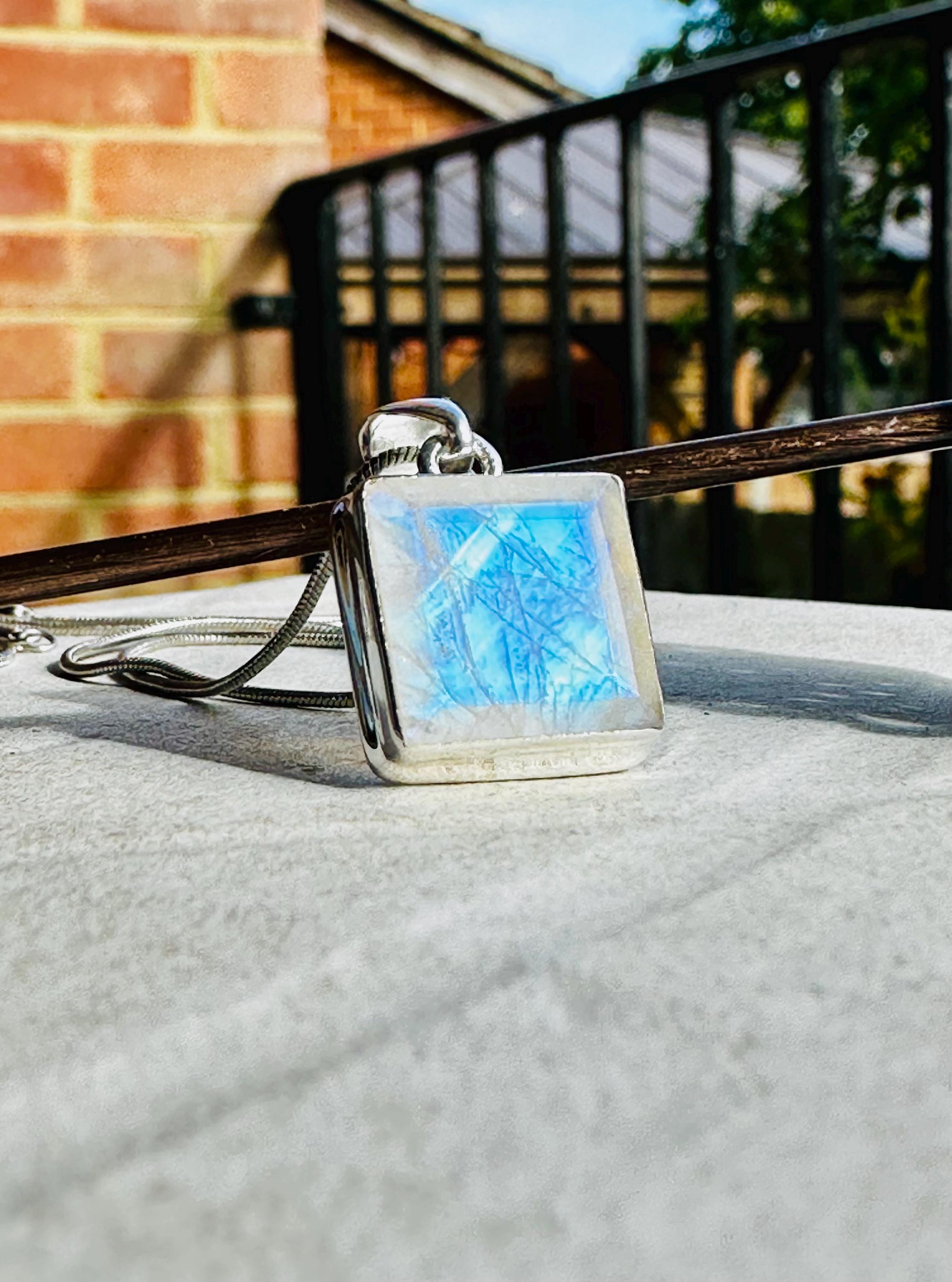 Faceted Blue Fire Moonstone Pendant: Sterling Silver, Handmade UK