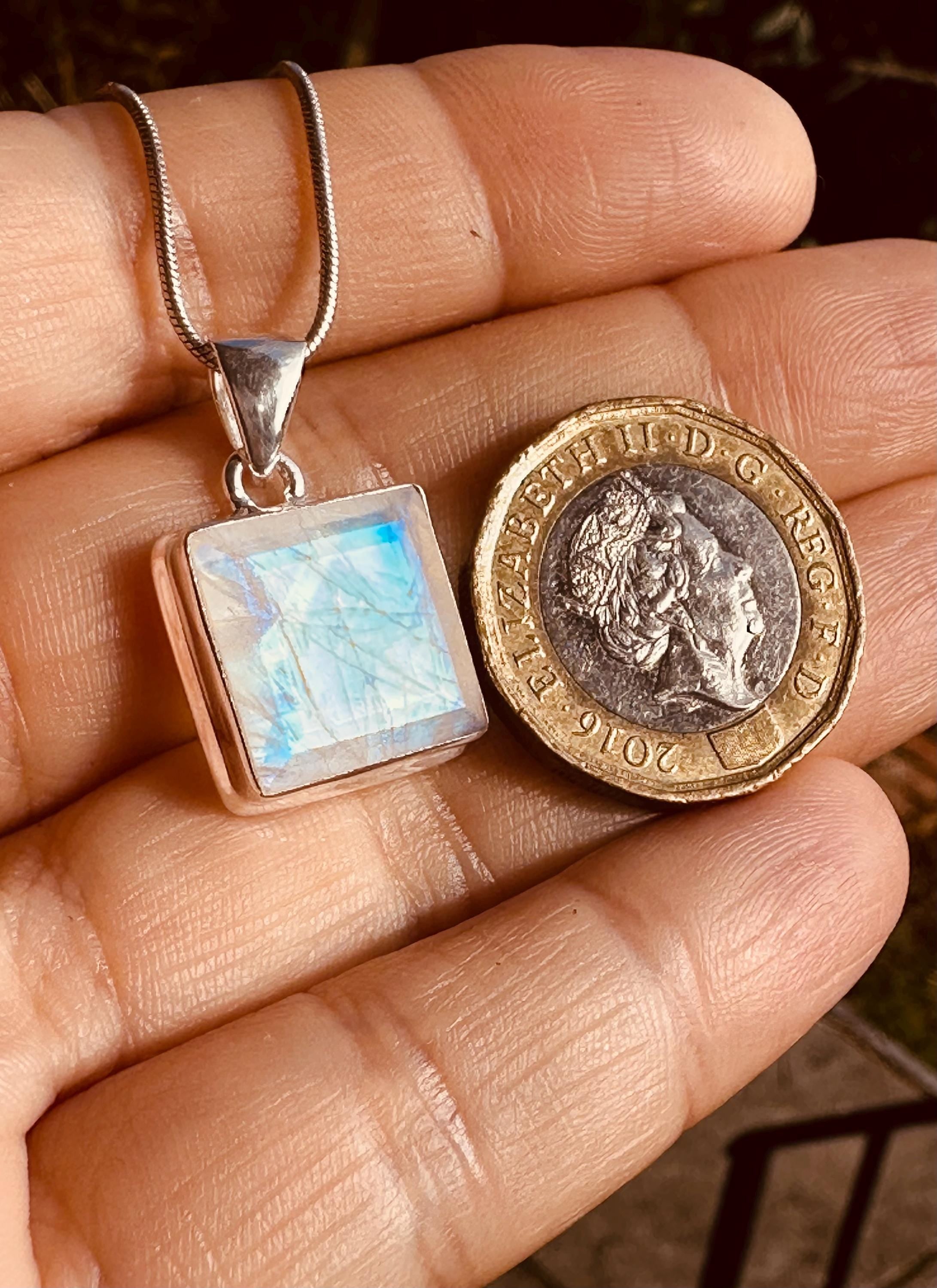 Faceted Blue Fire Moonstone Pendant: Sterling Silver, Handmade UK