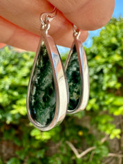Moss Agate Dangle Earrings, Large Teardrop 26mm x 14mm Sterling Silver, Handmade UK gift