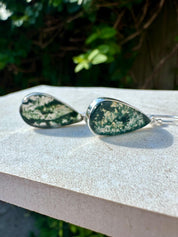 Moss Agate Dangle Earrings, Large Teardrop 26mm x 14mm Sterling Silver, Handmade UK gift