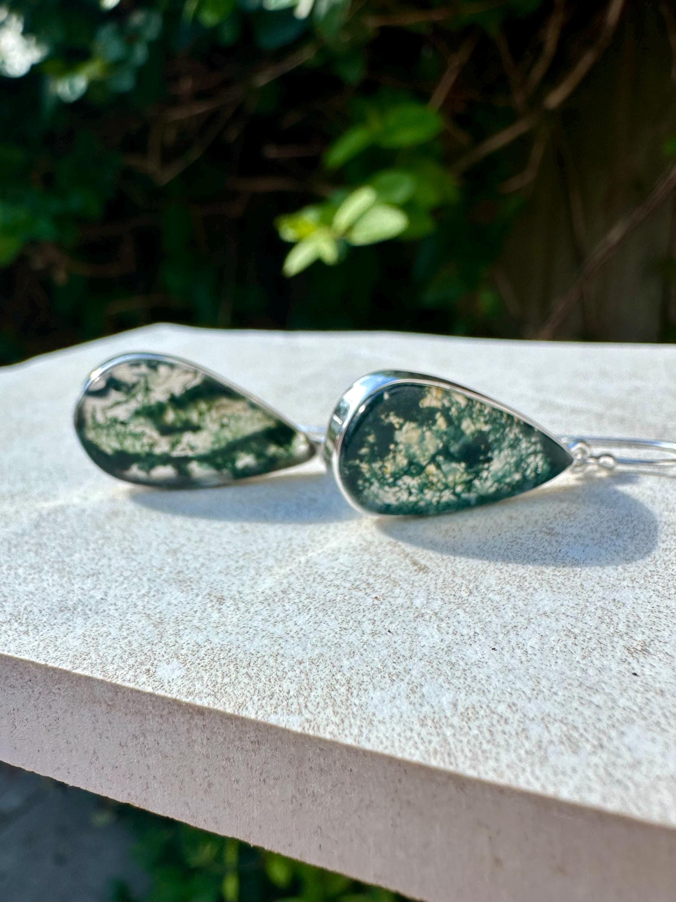 Moss Agate Dangle Earrings, Large Teardrop 26mm x 14mm Sterling Silver, Handmade UK gift