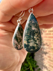 Moss Agate Dangle Earrings, Large Teardrop 26mm x 14mm Sterling Silver, Handmade UK gift