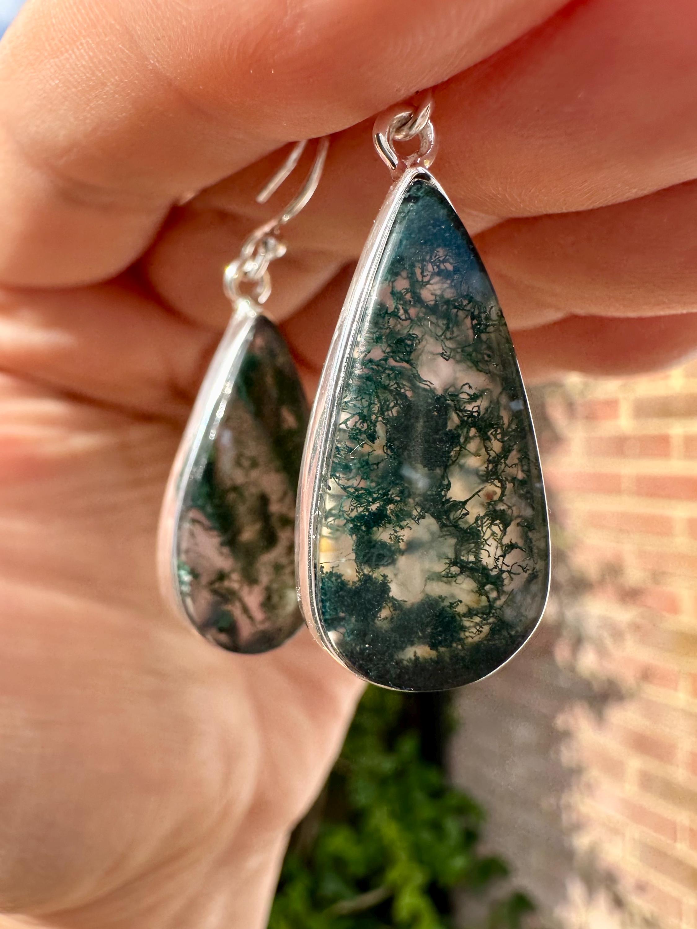 Moss Agate Dangle Earrings, Large Teardrop 26mm x 14mm Sterling Silver, Handmade UK gift
