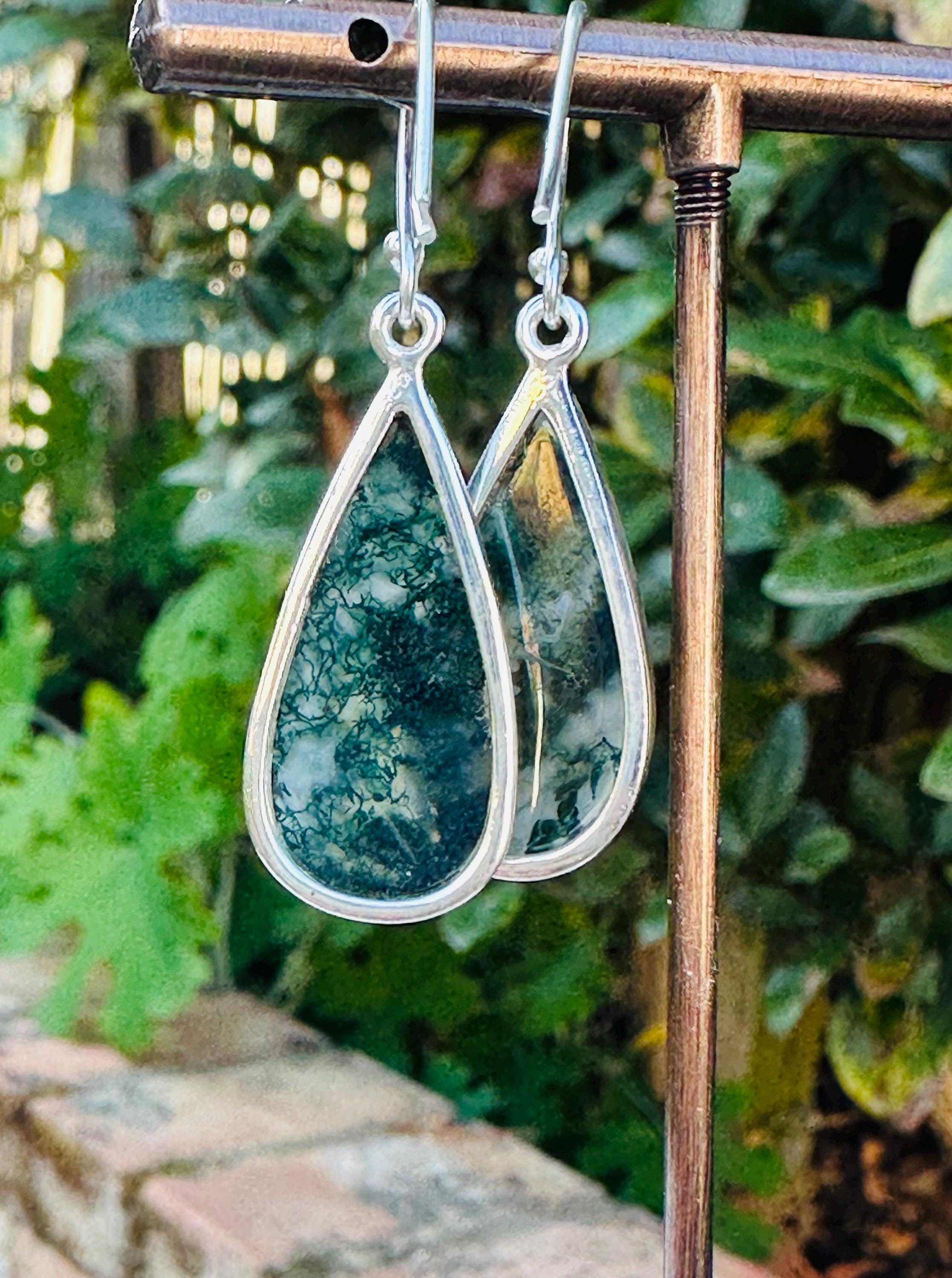 Moss Agate Dangle Earrings, Large Teardrop 26mm x 14mm Sterling Silver, Handmade UK gift