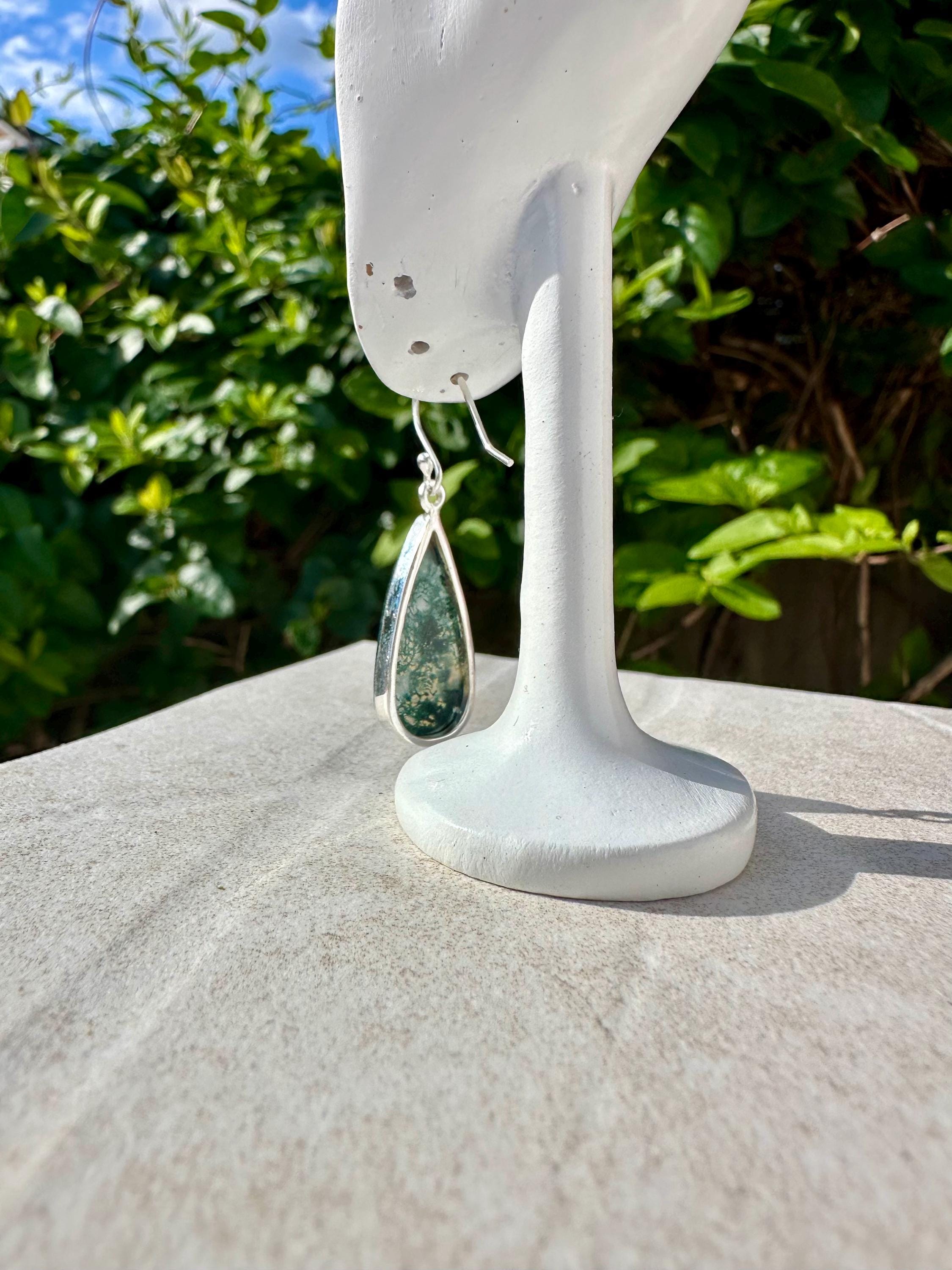 Moss Agate Dangle Earrings, Large Teardrop 26mm x 14mm Sterling Silver, Handmade UK gift