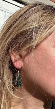 Moss Agate Dangle Earrings, Large Teardrop 26mm x 14mm Sterling Silver, Handmade UK gift