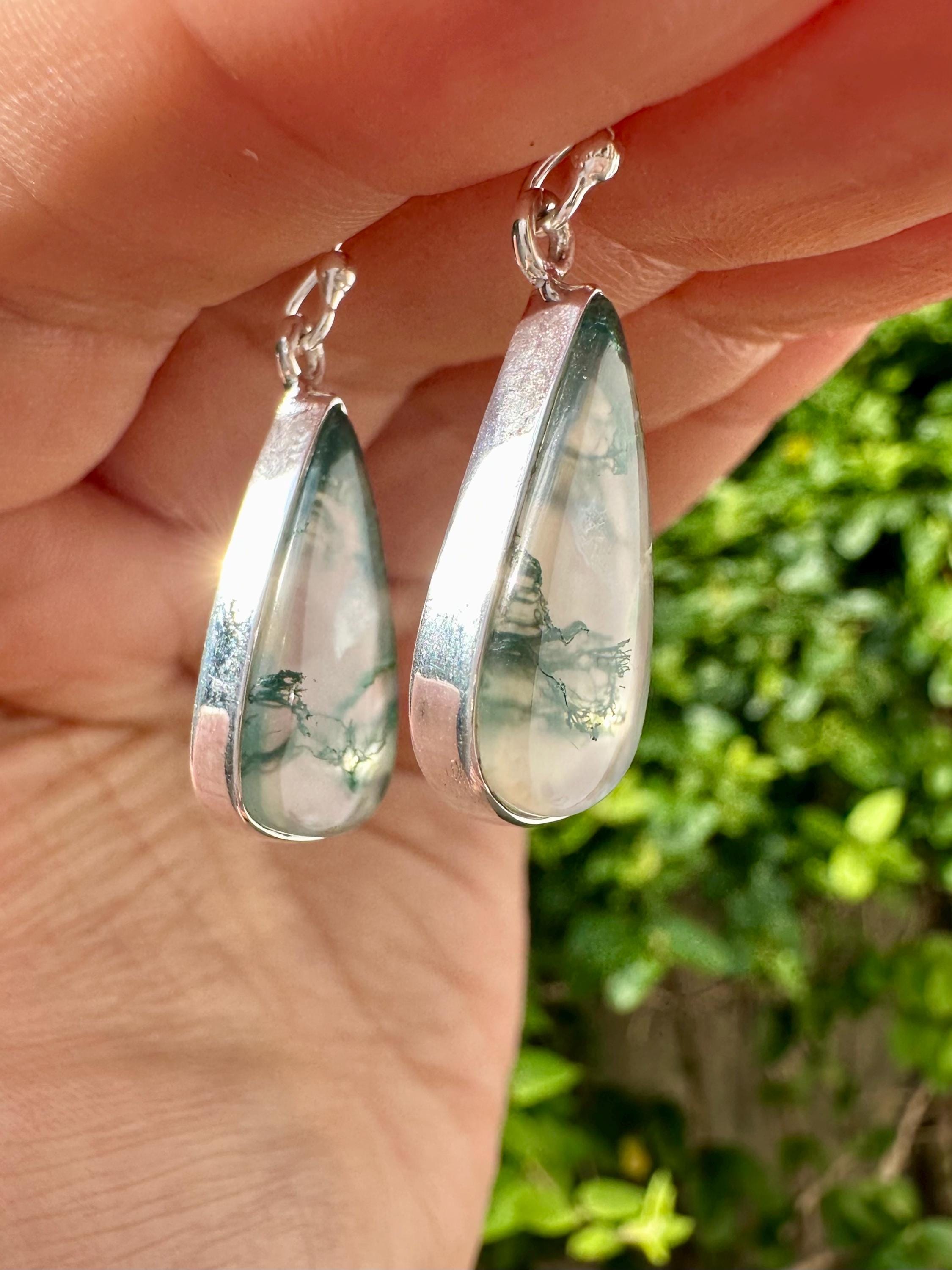 Moss Agate Dangle Earrings, Teardrop 21mm x 12mm Sterling Silver, Handmade UK gift