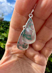 Moss Agate Dangle Earrings, Teardrop 21mm x 12mm Sterling Silver, Handmade UK gift