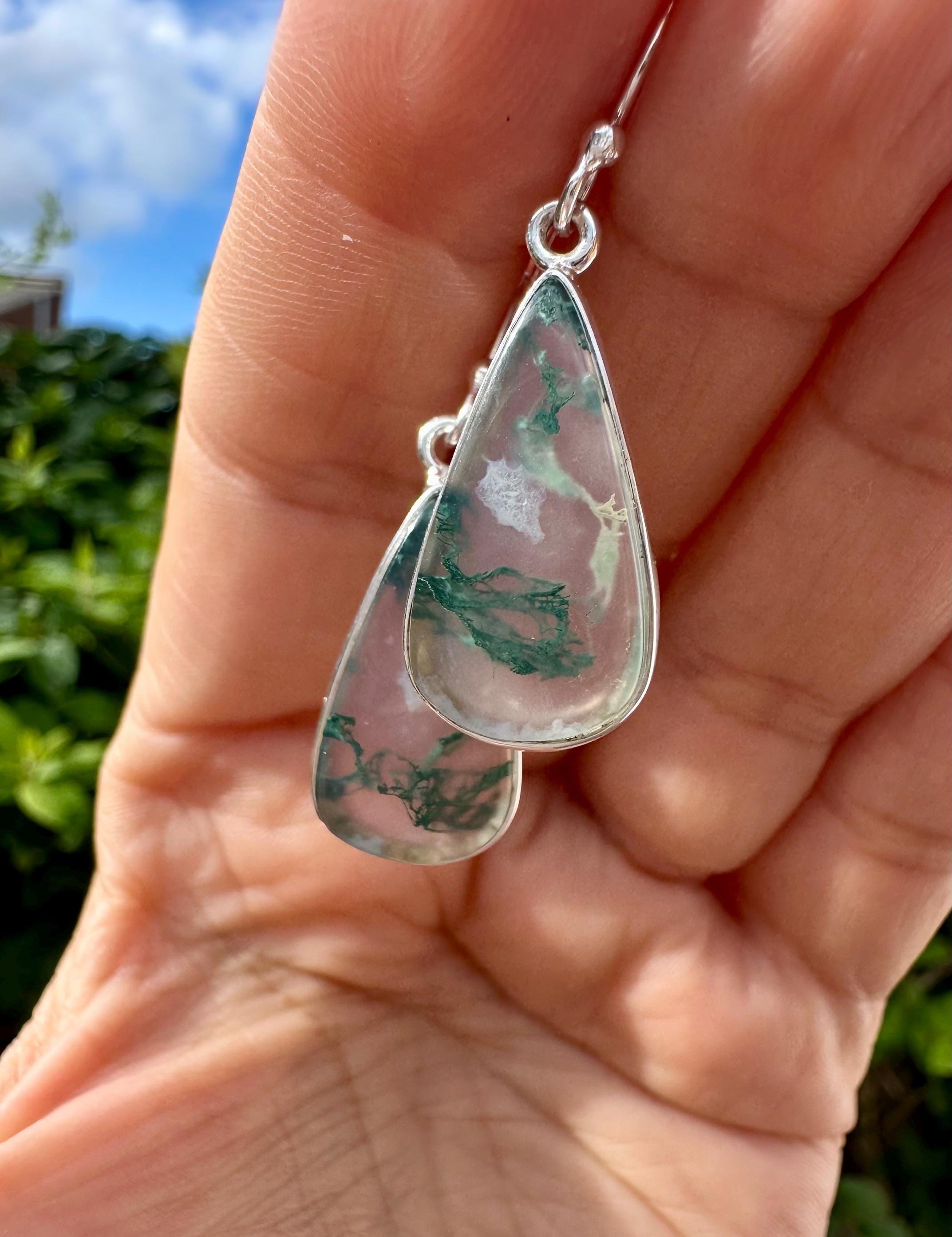 Moss Agate Dangle Earrings, Teardrop 21mm x 12mm Sterling Silver, Handmade UK gift