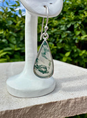 Moss Agate Dangle Earrings, Teardrop 21mm x 12mm Sterling Silver, Handmade UK gift