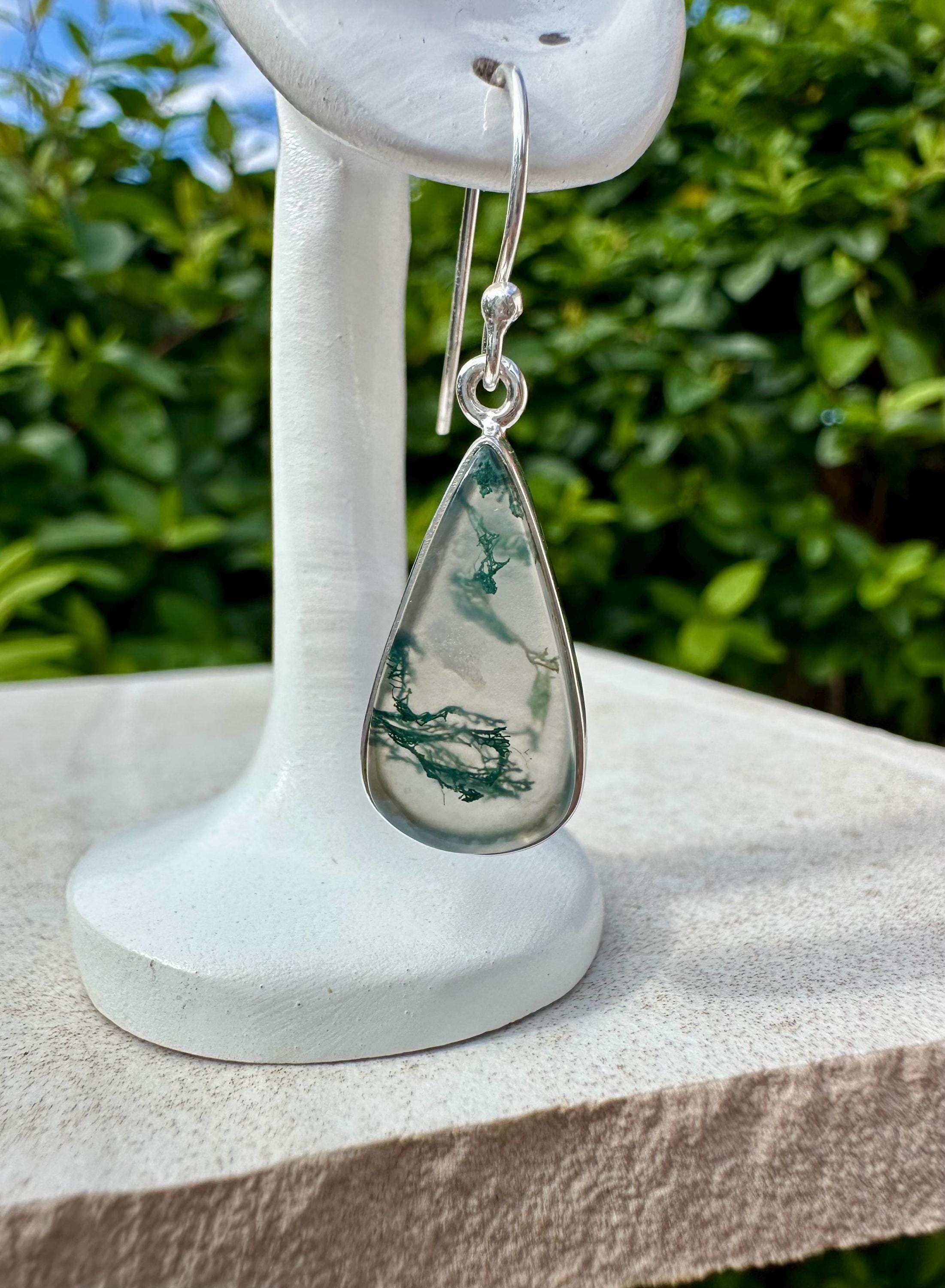 Moss Agate Dangle Earrings, Teardrop 21mm x 12mm Sterling Silver, Handmade UK gift