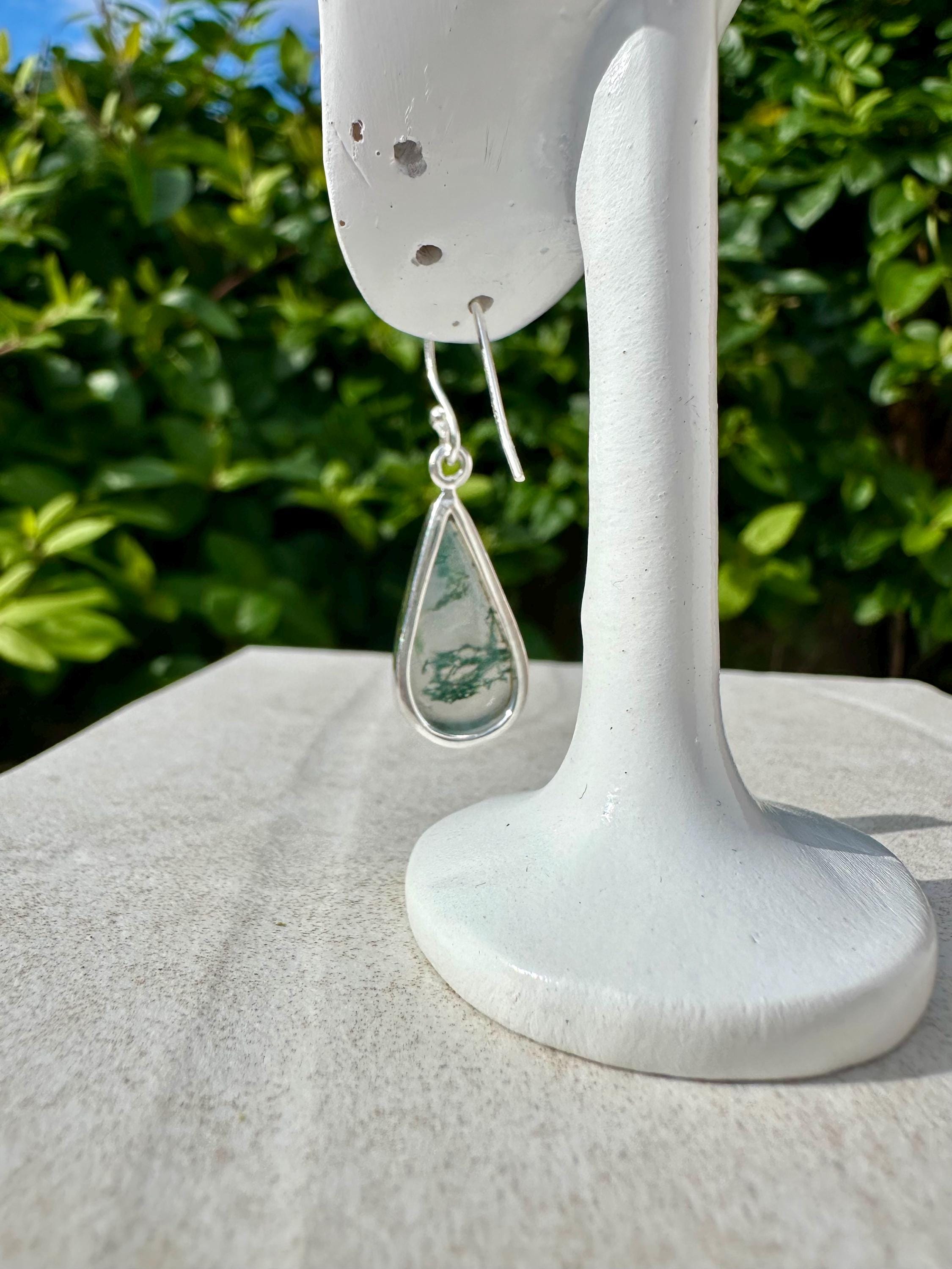 Moss Agate Dangle Earrings, Teardrop 21mm x 12mm Sterling Silver, Handmade UK gift