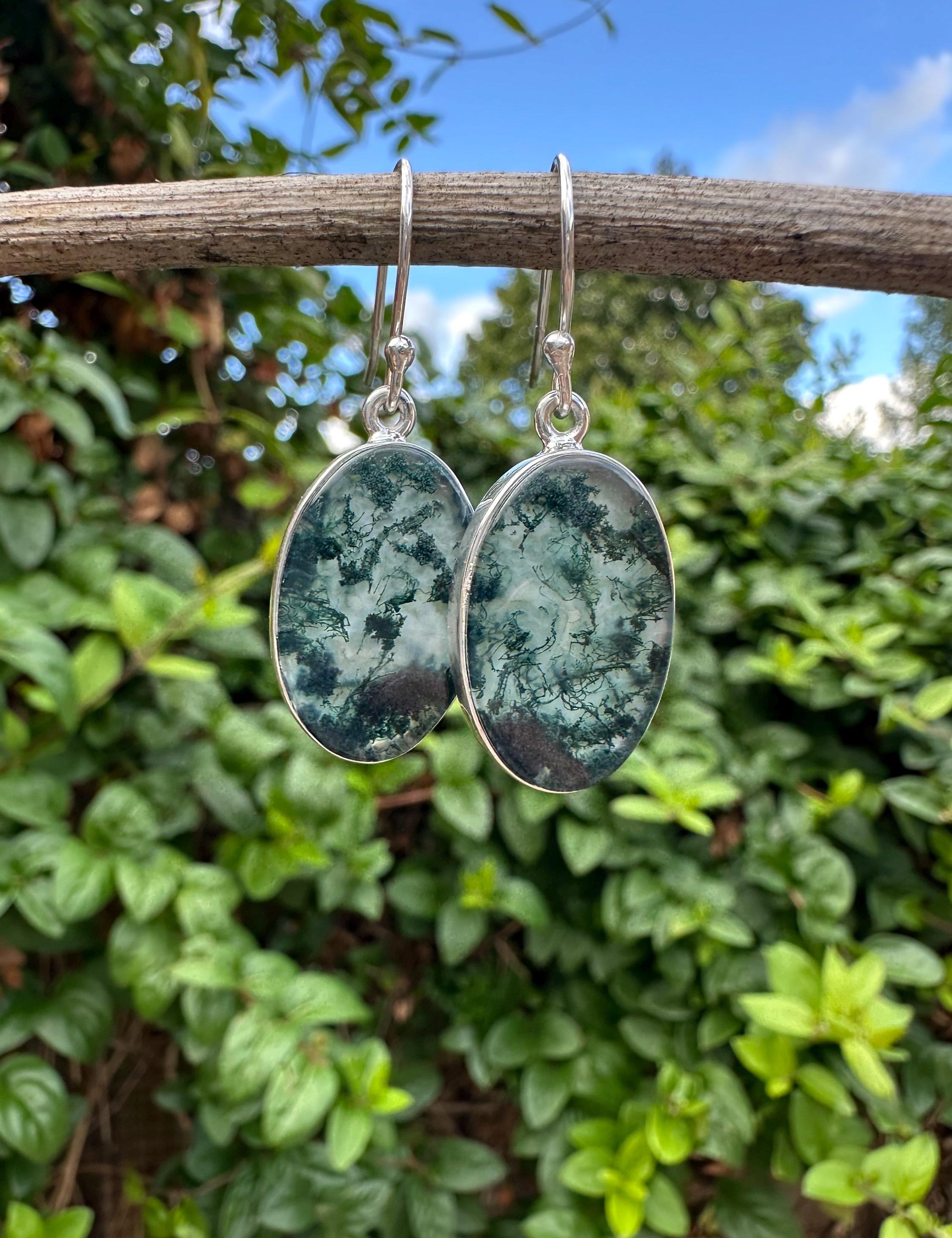 Moss Agate Dangle Earrings, Large Oval 21mm x 14mm Sterling Silver, Handmade UK gift
