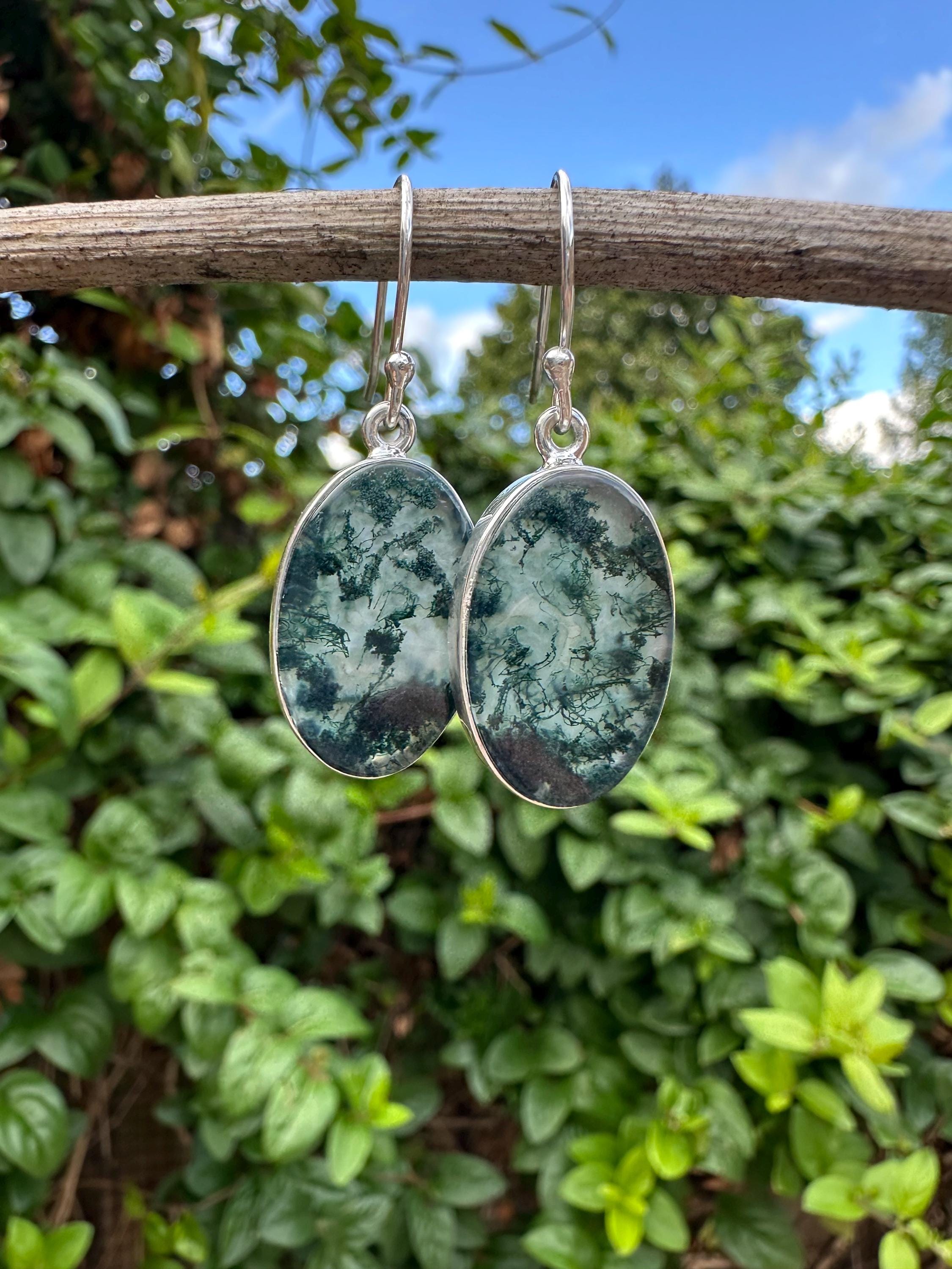 Moss Agate Dangle Earrings, Large Oval 21mm x 14mm Sterling Silver, Handmade UK gift