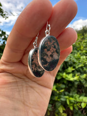 Moss Agate Dangle Earrings, Large Oval 21mm x 14mm Sterling Silver, Handmade UK gift