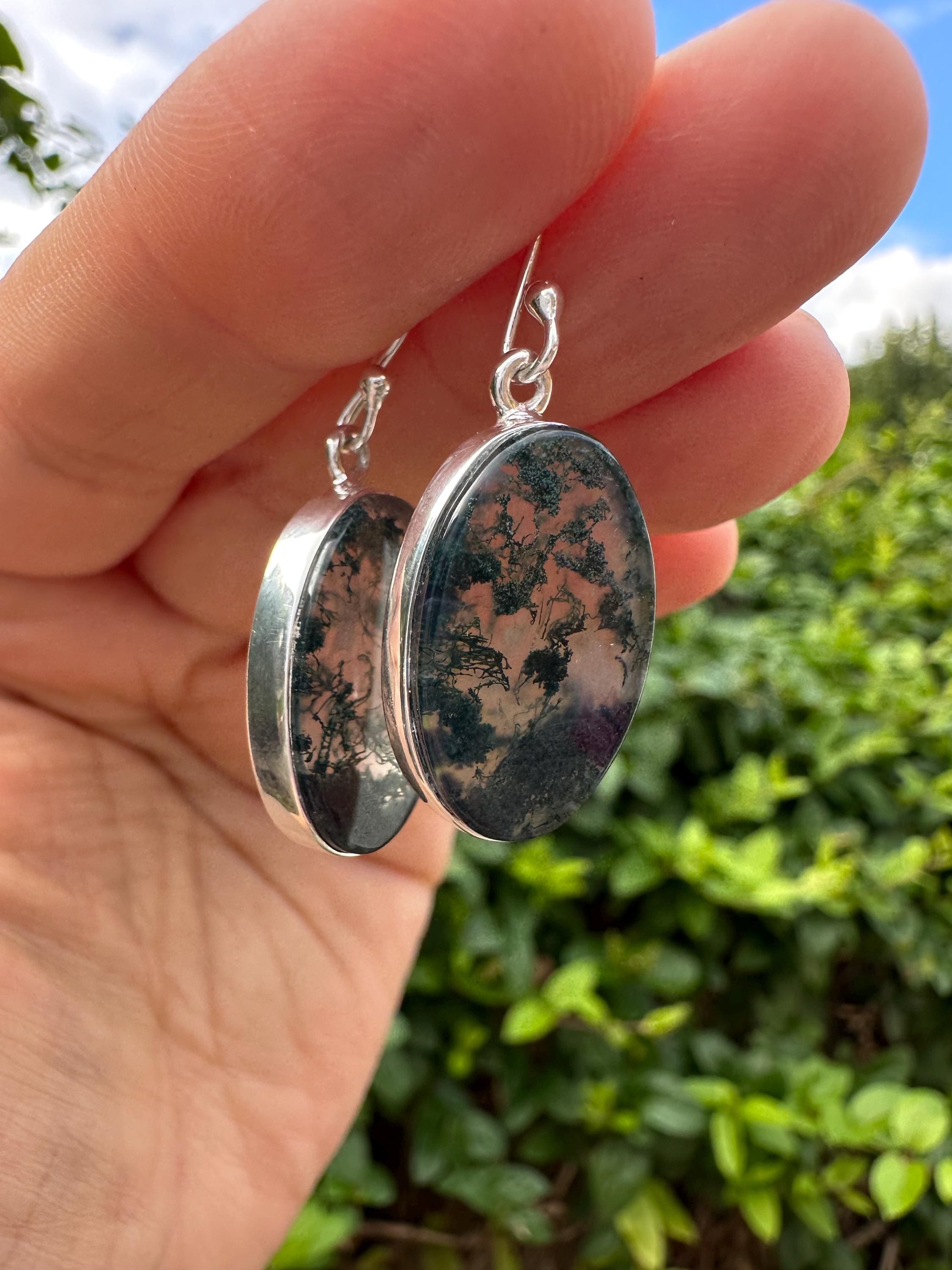 Moss Agate Dangle Earrings, Large Oval 21mm x 14mm Sterling Silver, Handmade UK gift