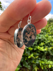 Moss Agate Dangle Earrings, Large Oval 21mm x 14mm Sterling Silver, Handmade UK gift