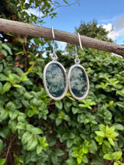 Moss Agate Dangle Earrings, Large Oval 21mm x 14mm Sterling Silver, Handmade UK gift