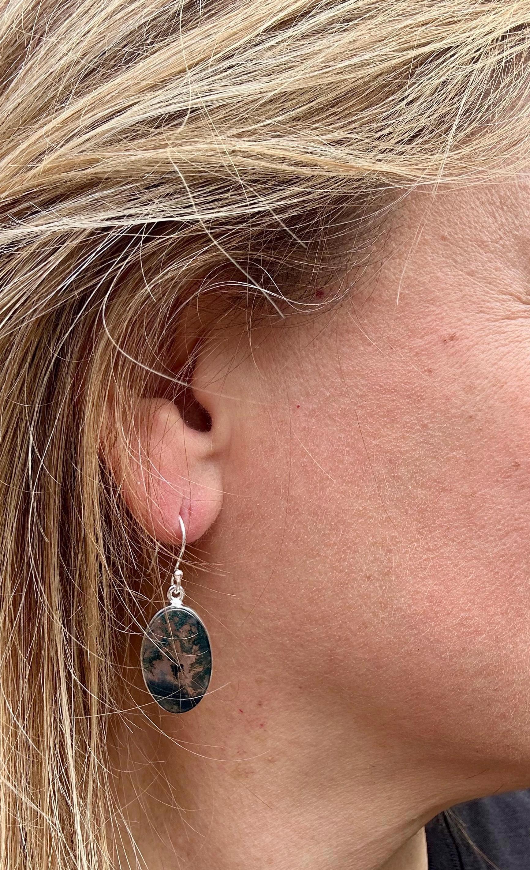 Moss Agate Dangle Earrings, Large Oval 21mm x 14mm Sterling Silver, Handmade UK gift