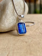 Blue Kyanite Pendant, Emerald Cut 10mm x 7mm 925 Sterling Silver, Handmade UK gift