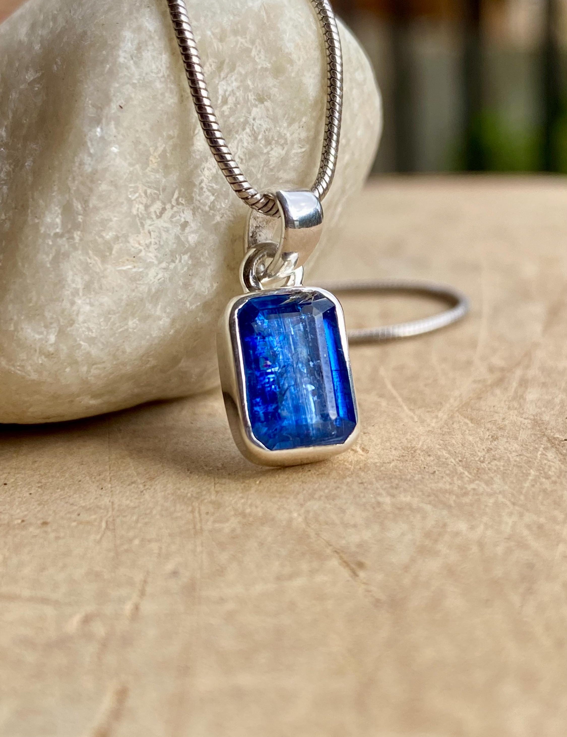 Blue Kyanite Pendant, Emerald Cut 10mm x 7mm 925 Sterling Silver, Handmade UK gift
