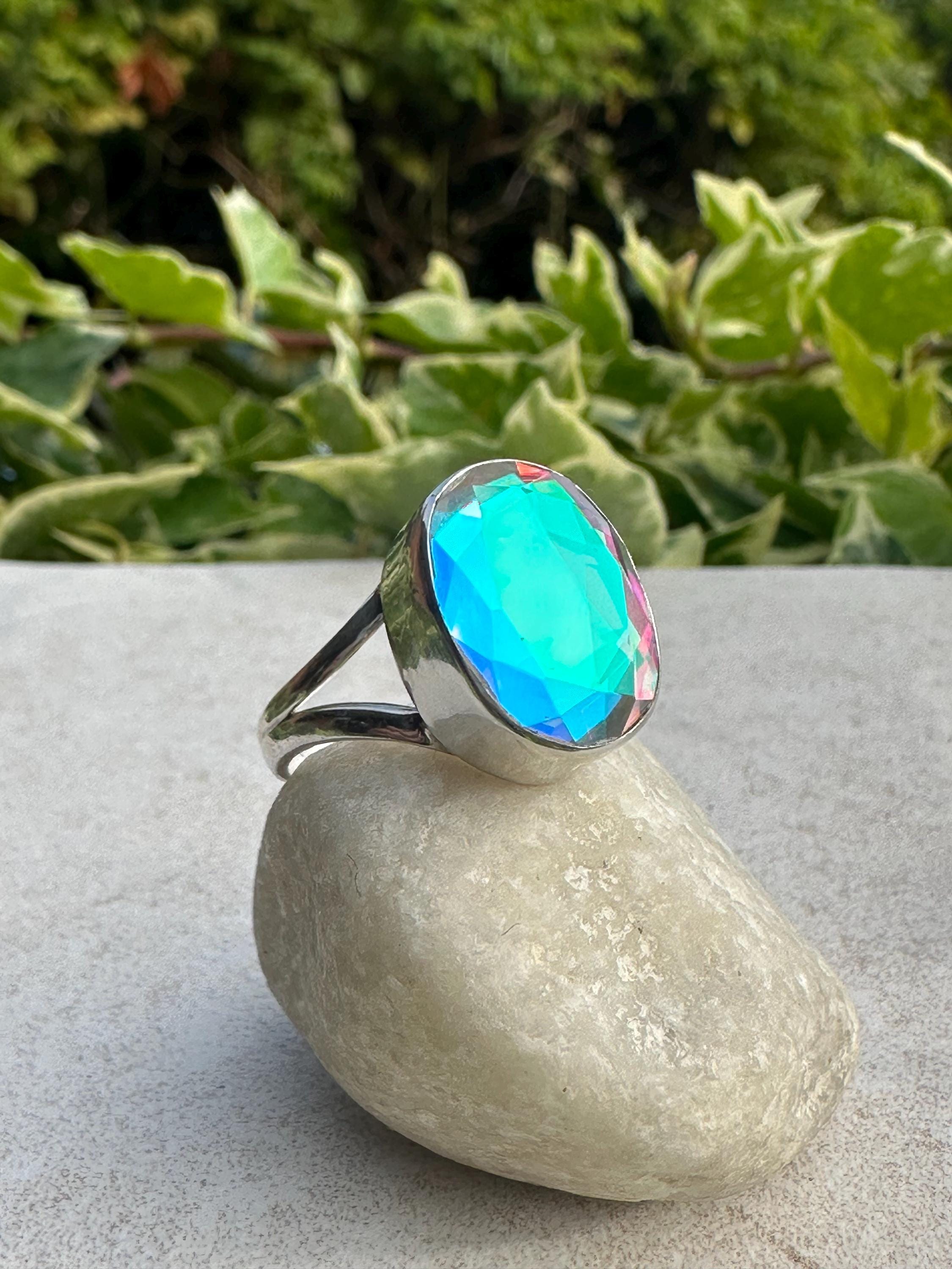 Iridescent Mystic Topaz Ring, Oval 16mm x 12mm Sterling Silver, Handmade UK gift