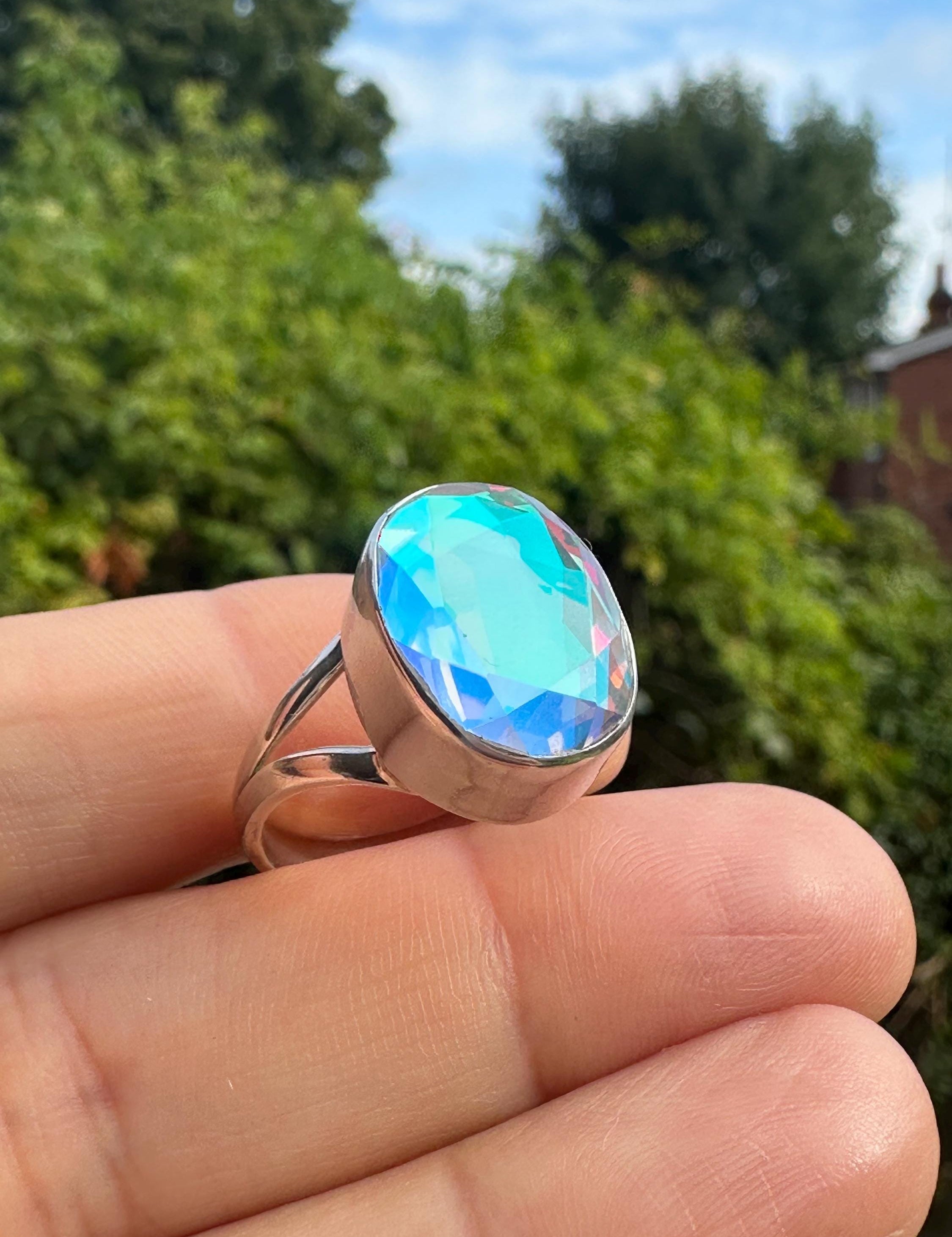 Iridescent Mystic Topaz Ring, Oval 16mm x 12mm Sterling Silver, Handmade UK gift