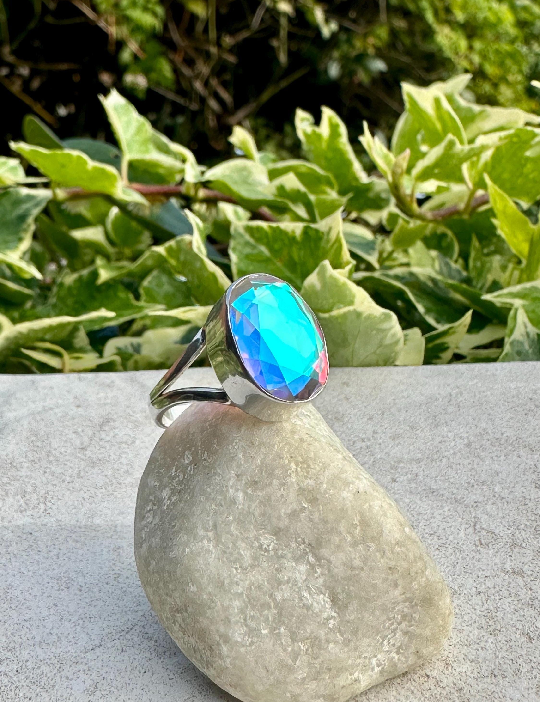 Iridescent Mystic Topaz Ring, Oval 16mm x 12mm Sterling Silver, Handmade UK gift