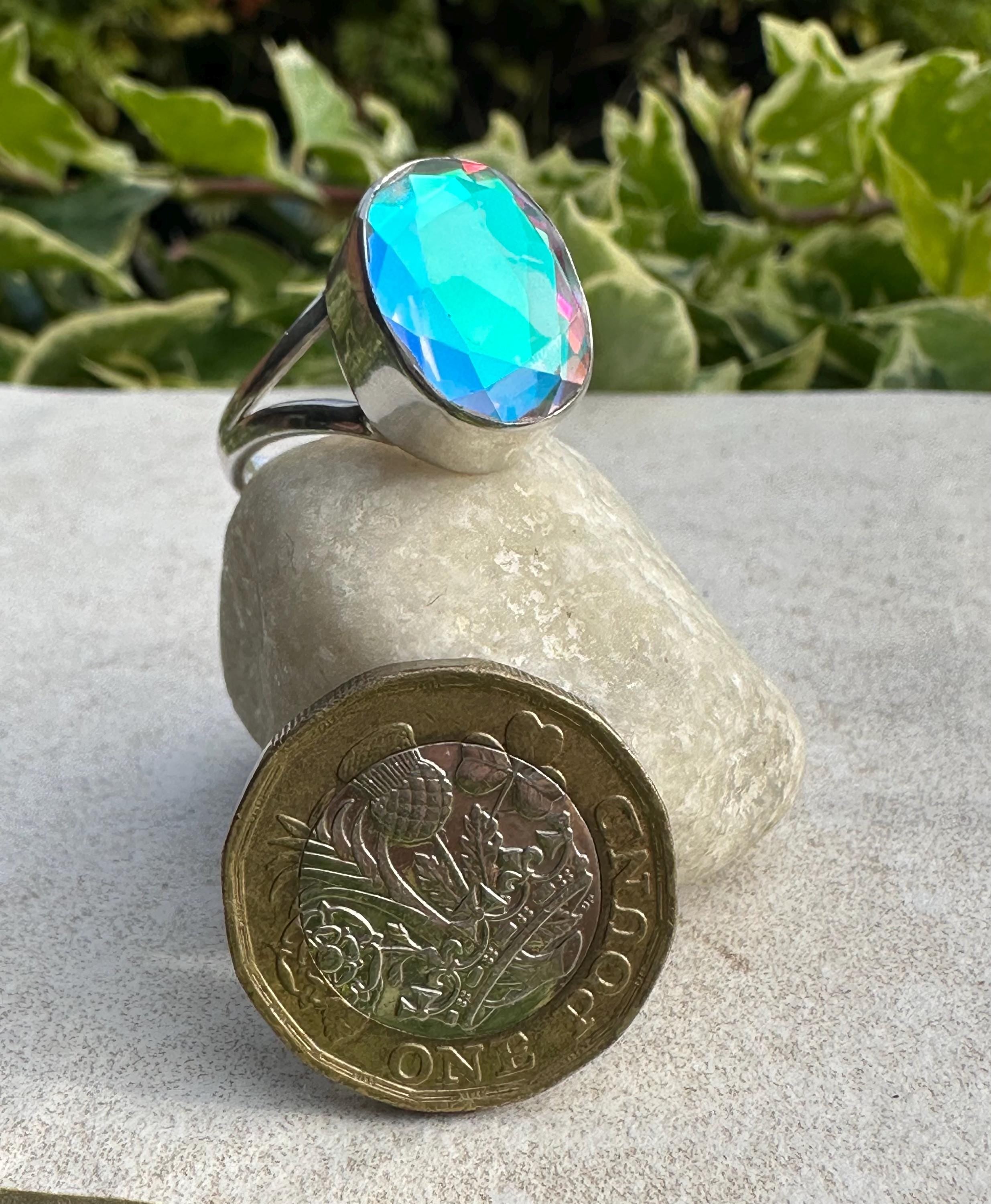 Iridescent Mystic Topaz Ring, Oval 16mm x 12mm Sterling Silver, Handmade UK gift