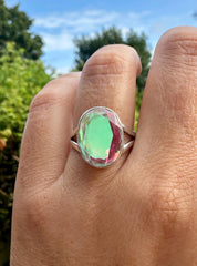 Iridescent Mystic Topaz Ring, Oval 16mm x 12mm Sterling Silver, Handmade UK gift