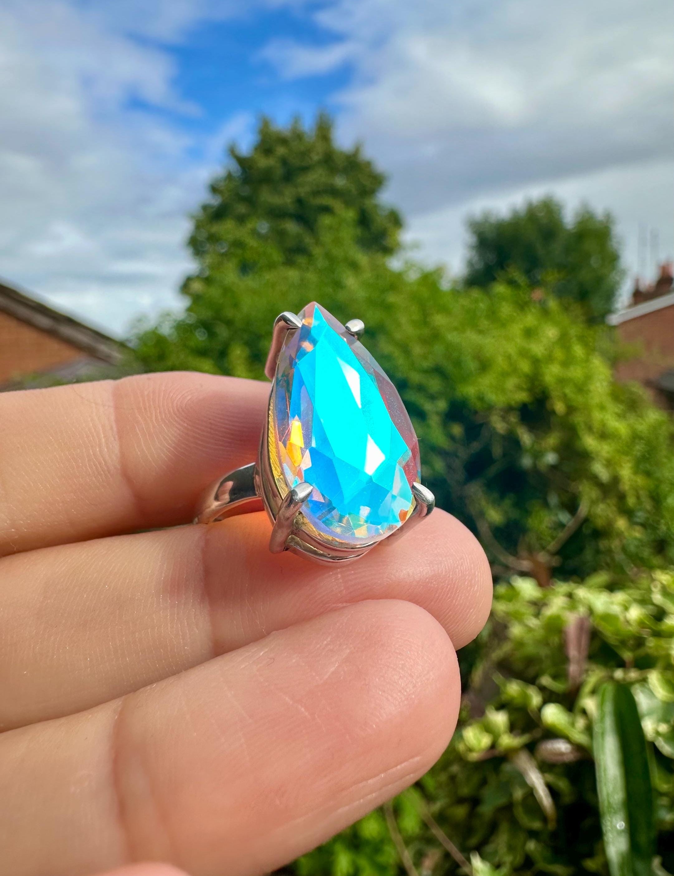 Iridescent Mystic Topaz Ring, Teardrop 23mm x 12mm Sterling Silver, Handmade UK gift