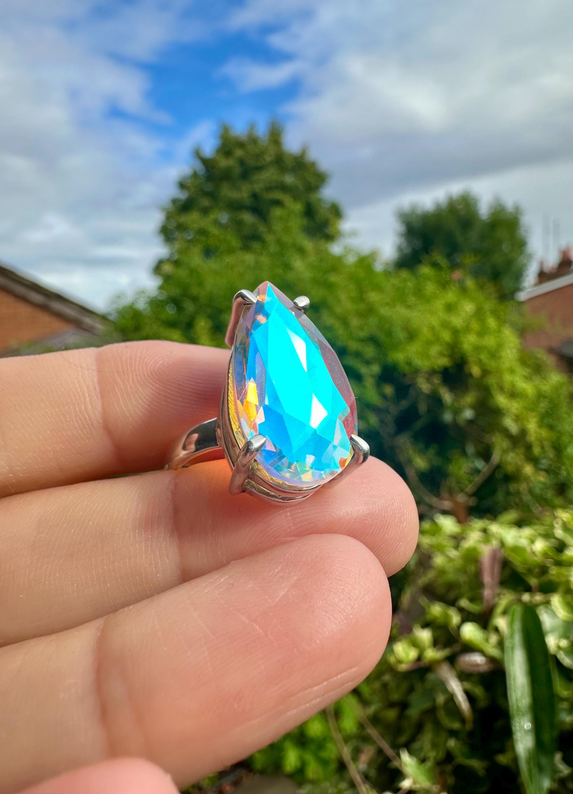 Iridescent Mystic Topaz Ring, Teardrop 23mm x 12mm Sterling Silver, Handmade UK gift