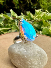 Iridescent Mystic Topaz Ring, Teardrop 23mm x 12mm Sterling Silver, Handmade UK gift