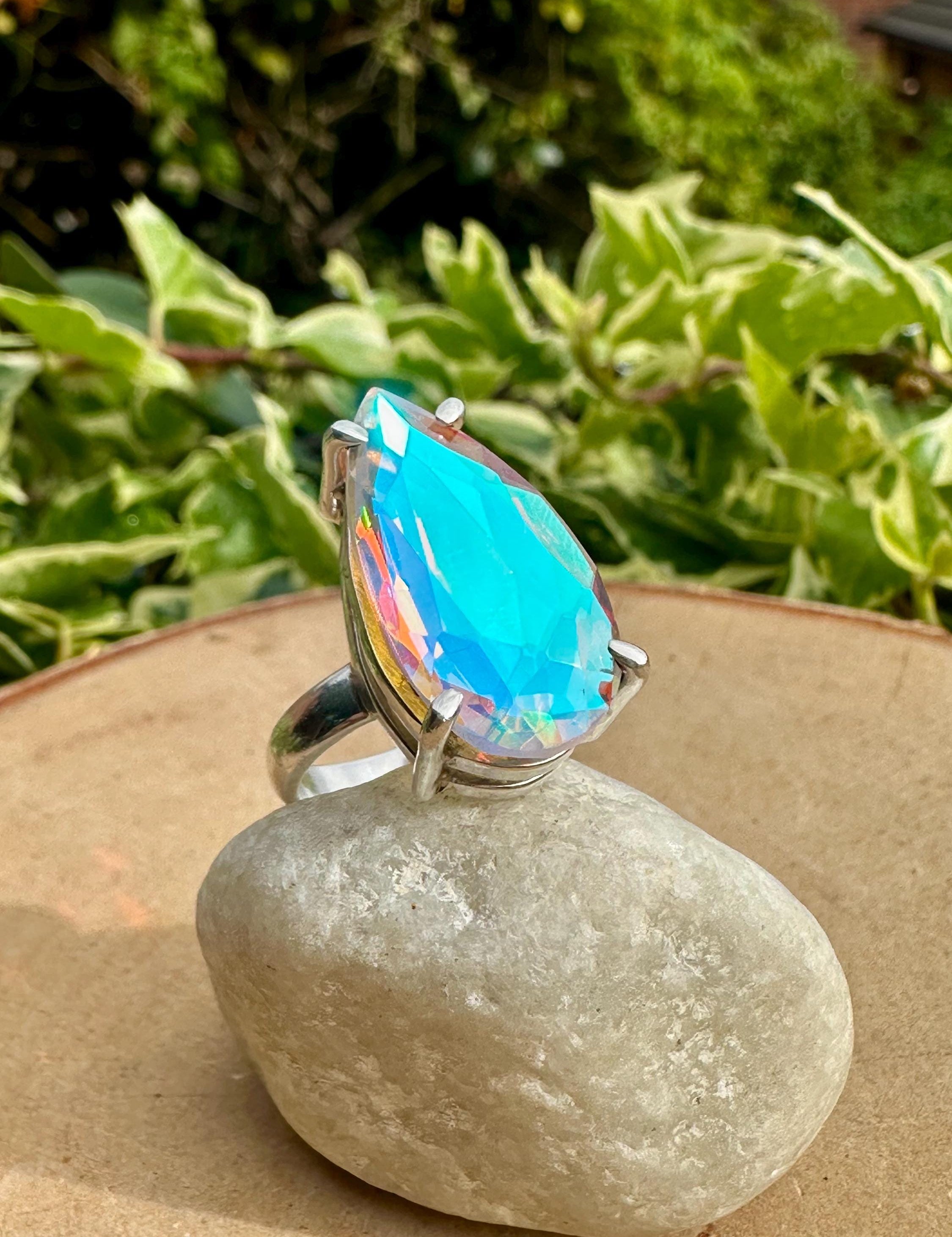 Iridescent Mystic Topaz Ring, Teardrop 23mm x 12mm Sterling Silver, Handmade UK gift
