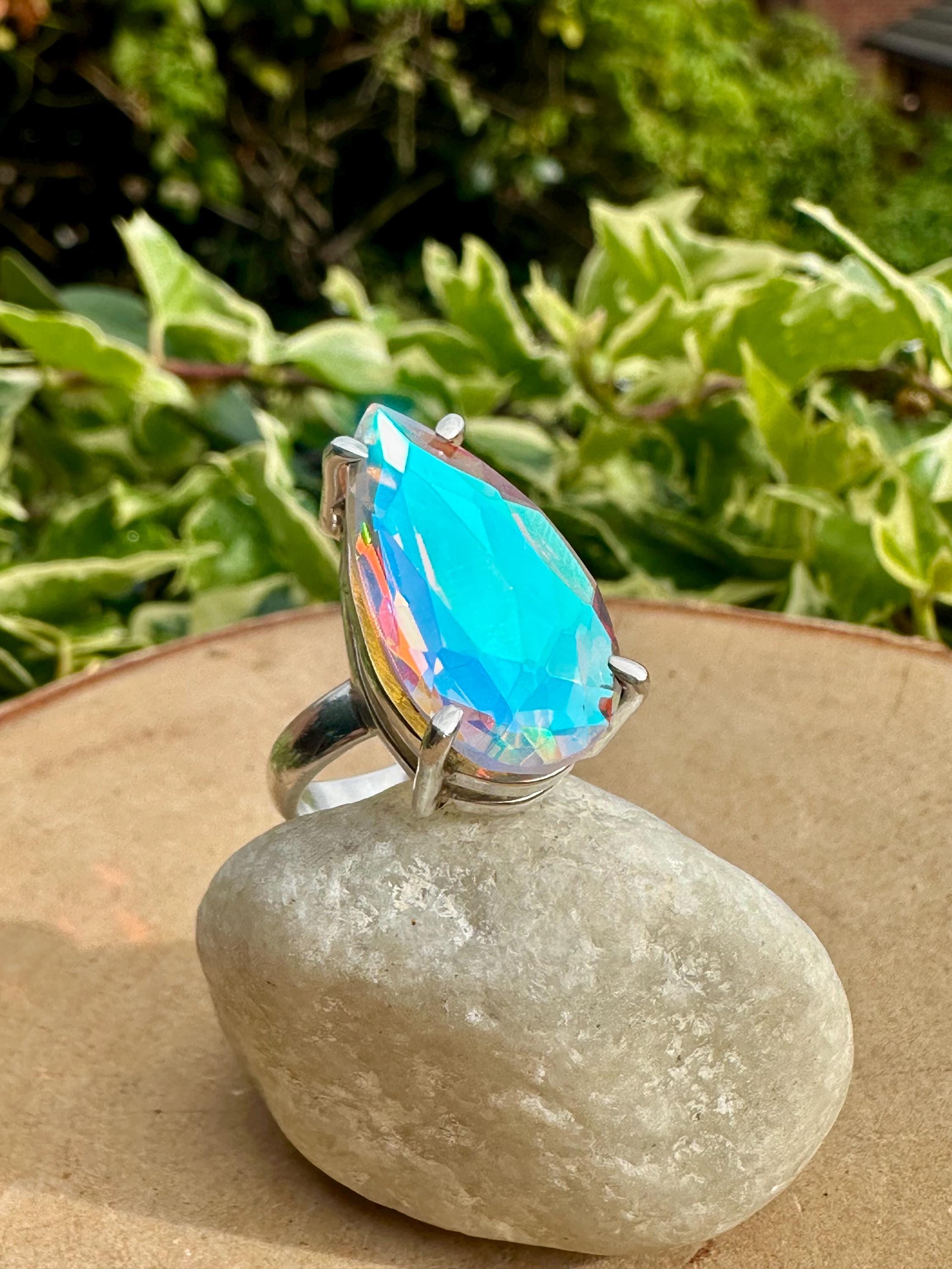 Iridescent Mystic Topaz Ring, Teardrop 23mm x 12mm Sterling Silver, Handmade UK gift