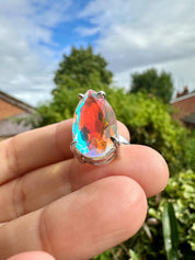 Iridescent Mystic Topaz Ring, Teardrop 23mm x 12mm Sterling Silver, Handmade UK gift