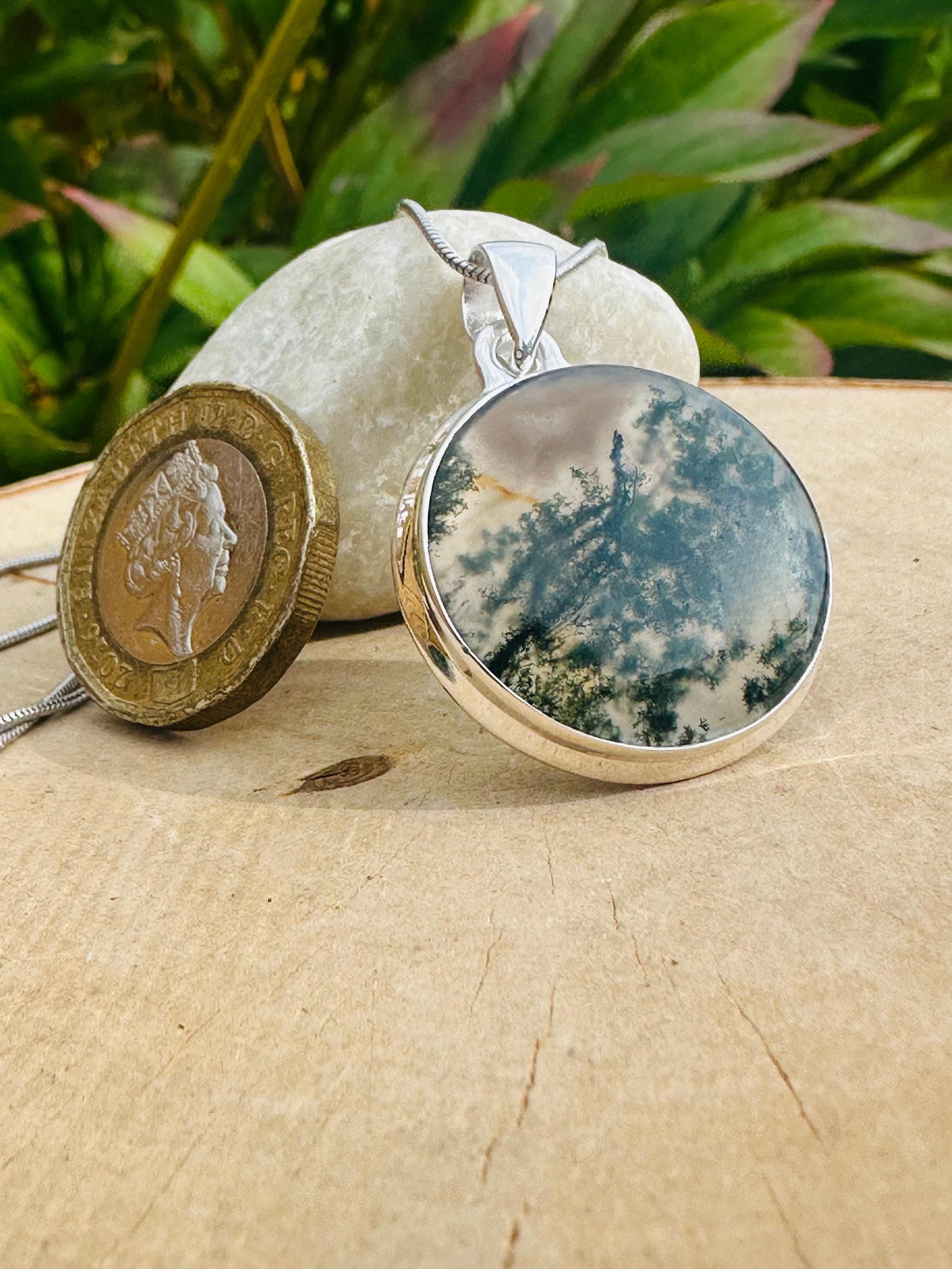 Moss Agate Pendant, Round 25mm x 25mm Sterling Silver, Handmade UK gift
