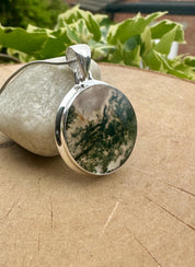 Moss Agate Pendant, Round 25mm x 25mm Sterling Silver, Handmade UK gift