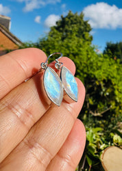 Blue Fire Moonstone Dangle Earrings: Sterling Silver, Handmade UK