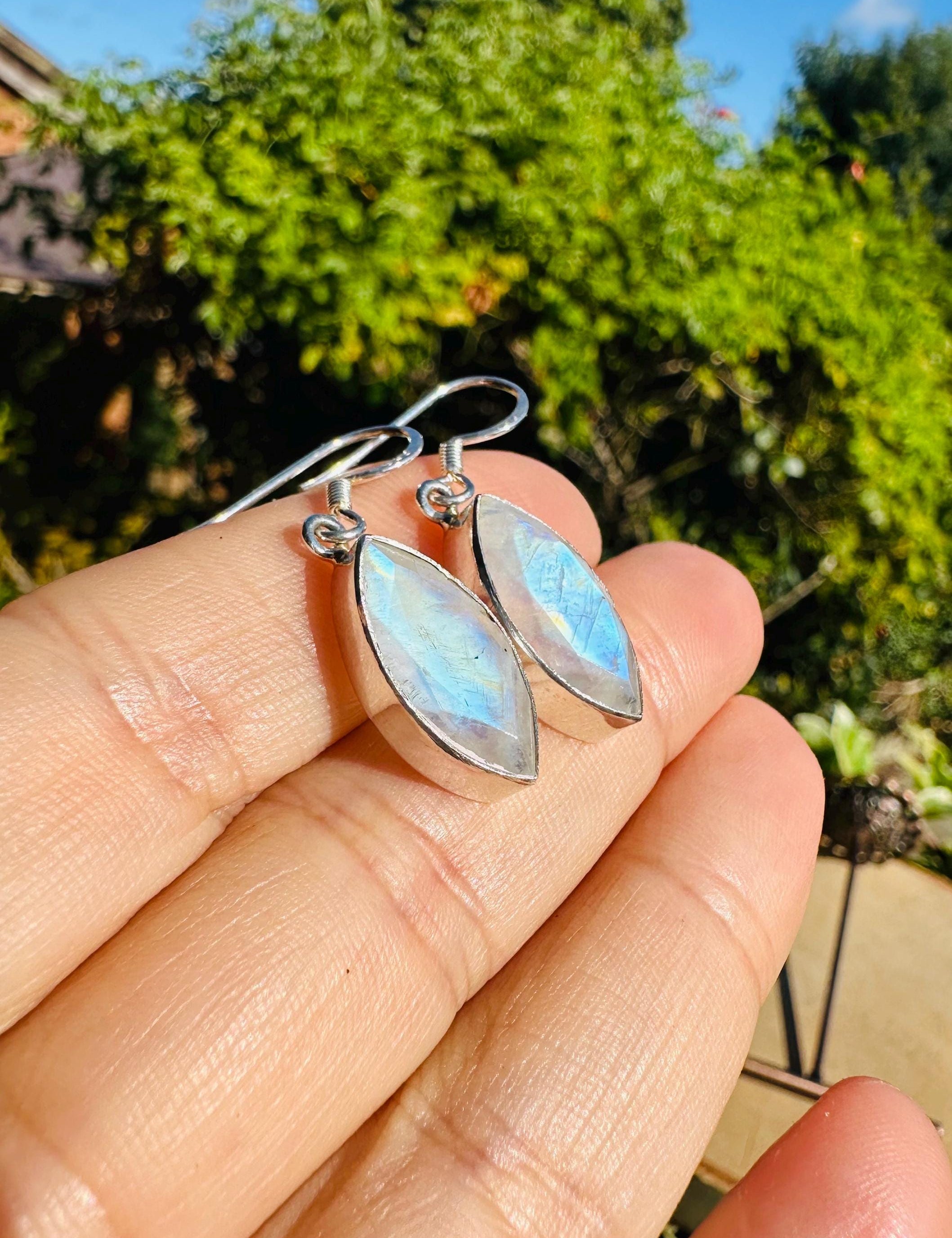 Blue Fire Moonstone Dangle Earrings: Sterling Silver, Handmade UK