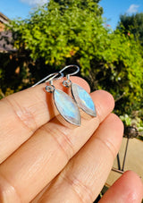Blue Fire Moonstone Dangle Earrings: Sterling Silver, Handmade UK