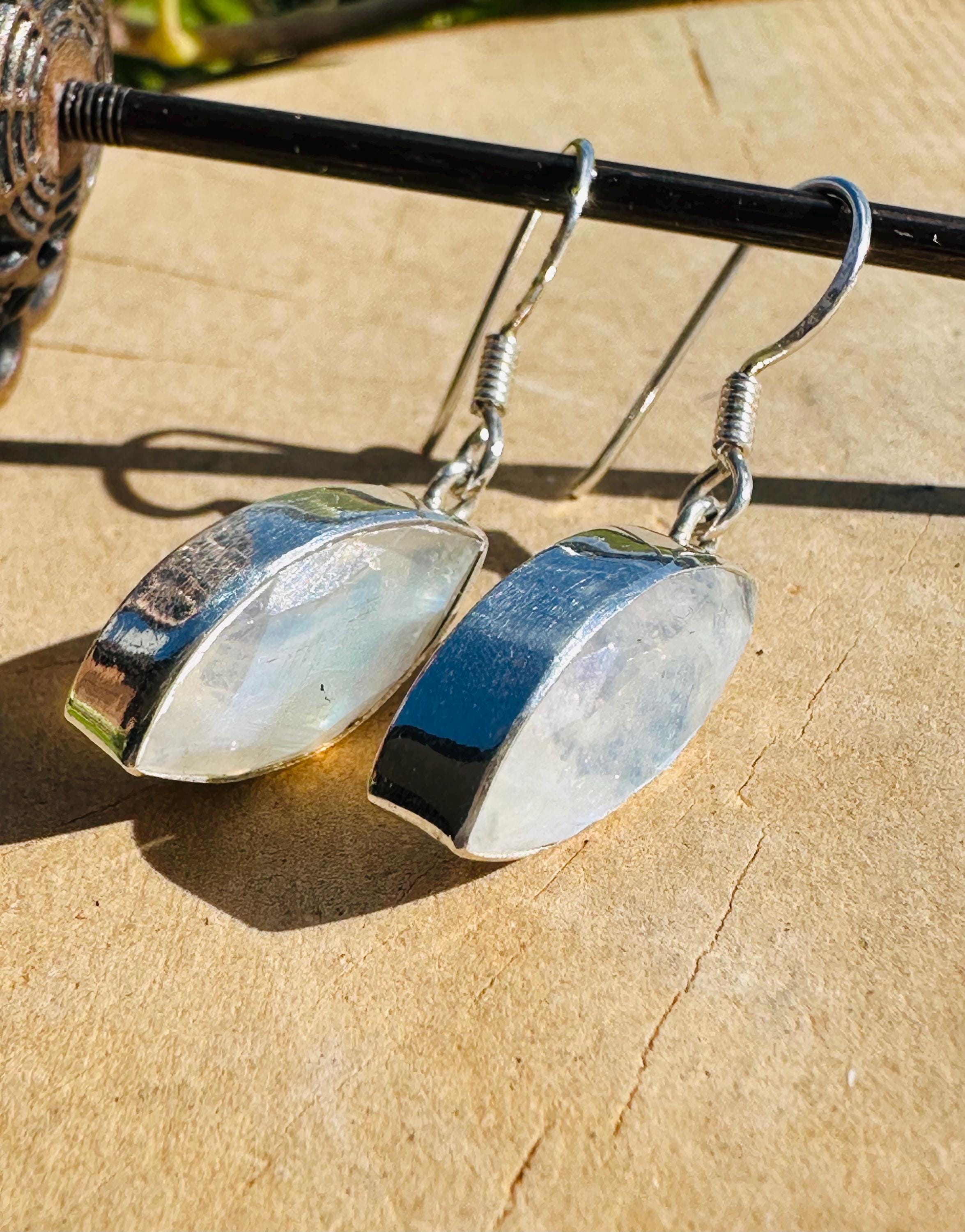 Blue Fire Moonstone Dangle Earrings: Sterling Silver, Handmade UK