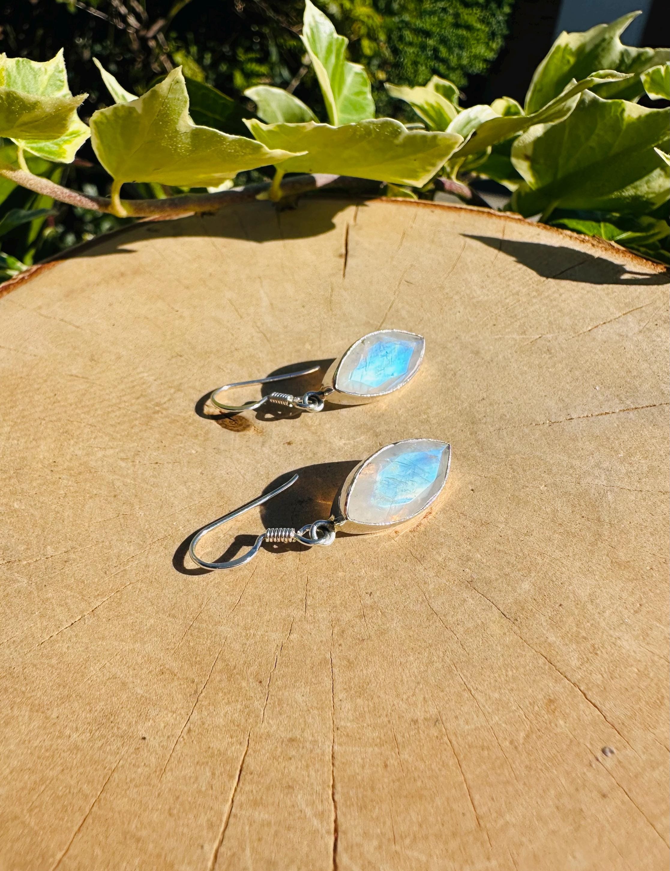 Blue Fire Moonstone Dangle Earrings: Sterling Silver, Handmade UK