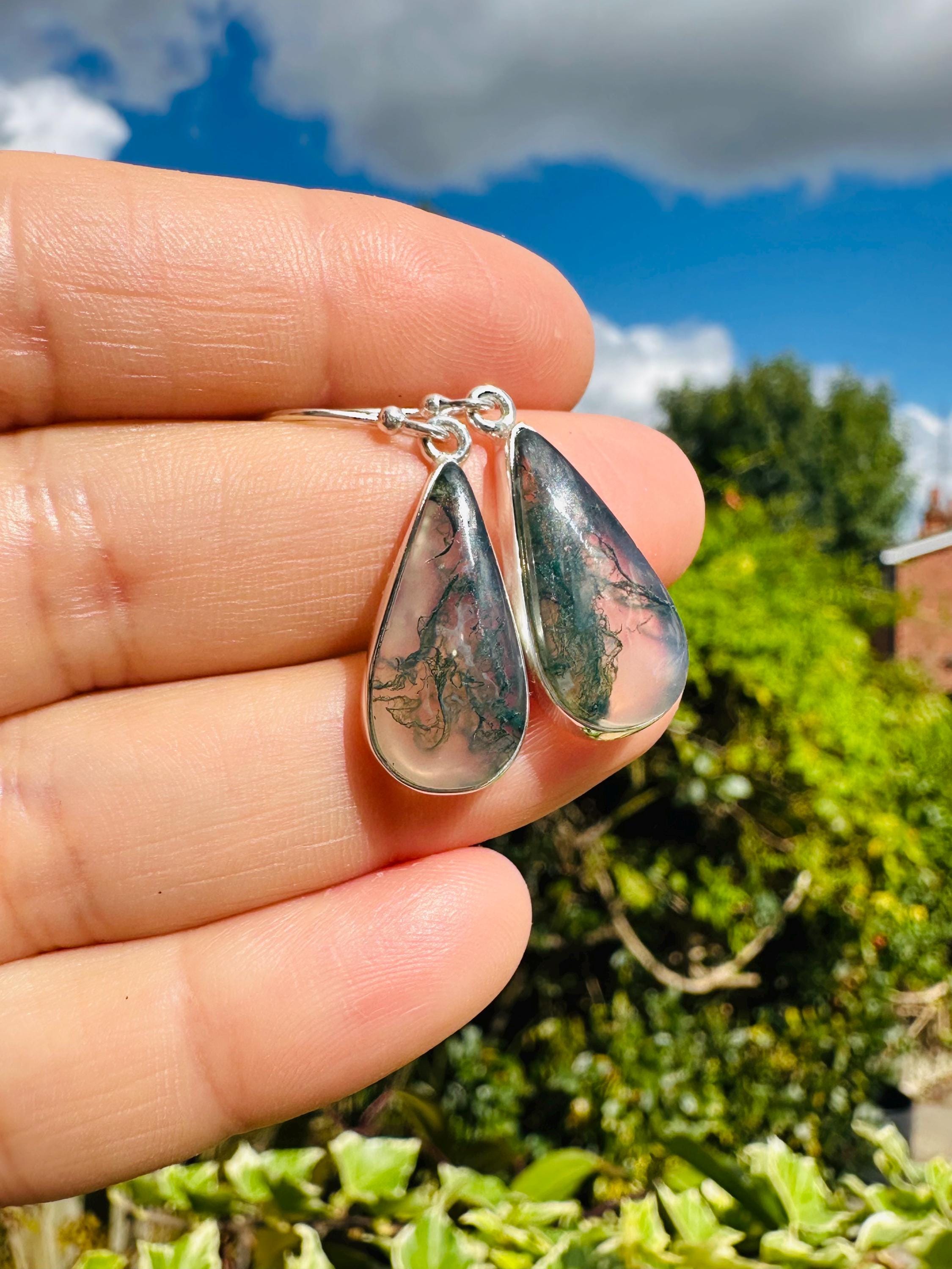 Moss Agate Dangle Earrings, Large Teardrop 21mm x 11mm Sterling Silver, Handmade UK gift