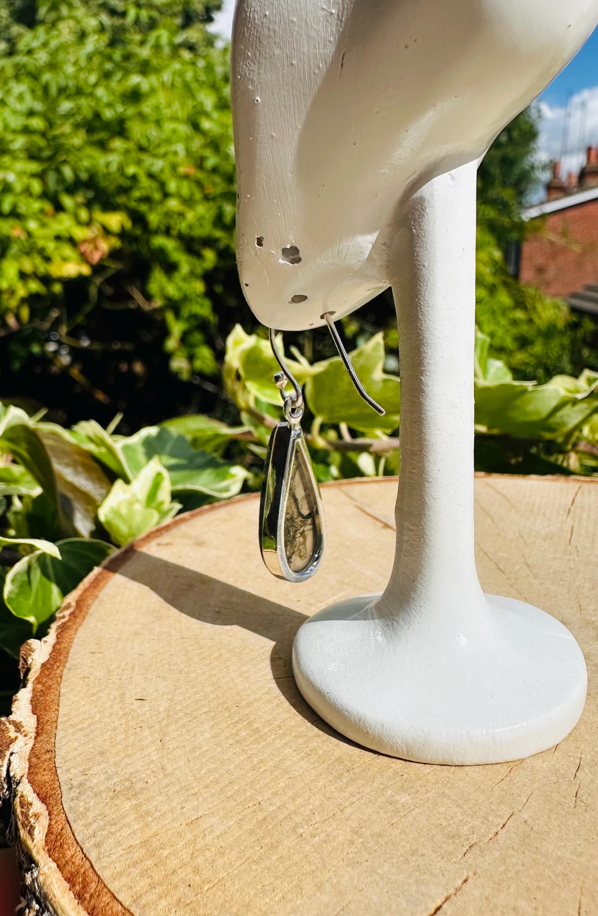 Moss Agate Dangle Earrings, Large Teardrop 21mm x 11mm Sterling Silver, Handmade UK gift